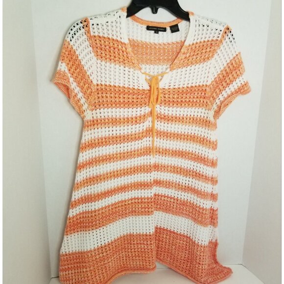 Jeanne Pierre Top M Women's Orange & White Striped Crochet Knit - Picture 5 of 5